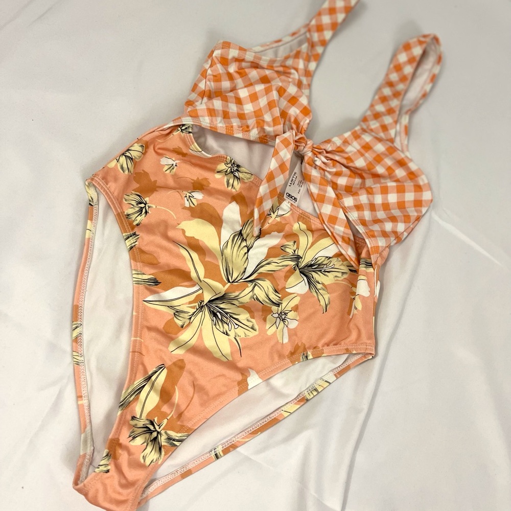 ASOS Orange and White Front Tie One Piece Bathing Suit